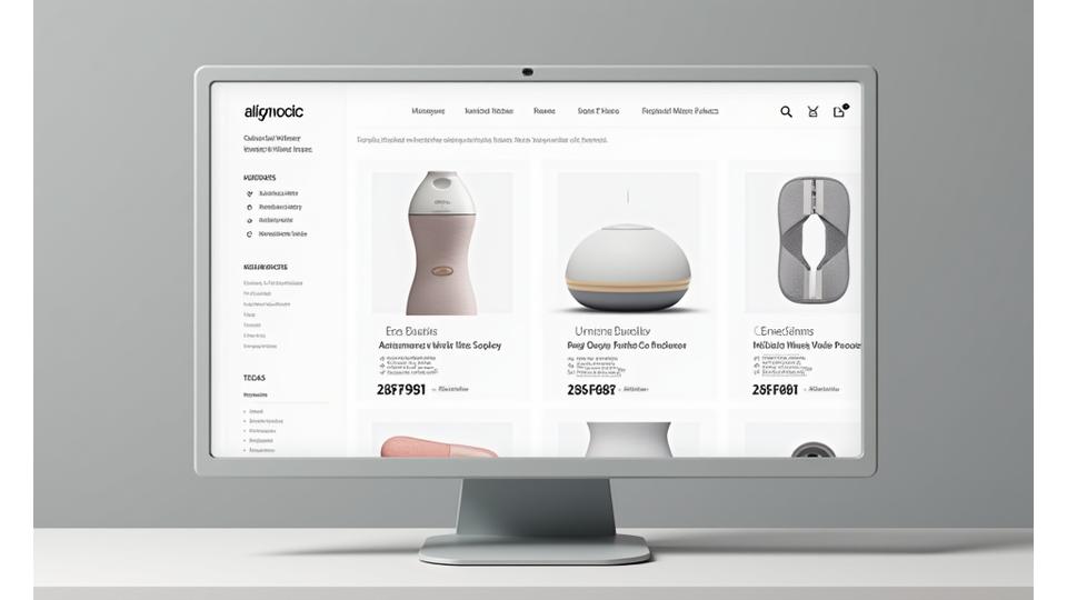 Una interfaz de usuario digital con varias sugerencias de productos wellness, mostrando dispositivos de fitness y gadgets de salud con calificaciones y reseñas de usuarios, en un entorno de e-commerce limpio y profesional.