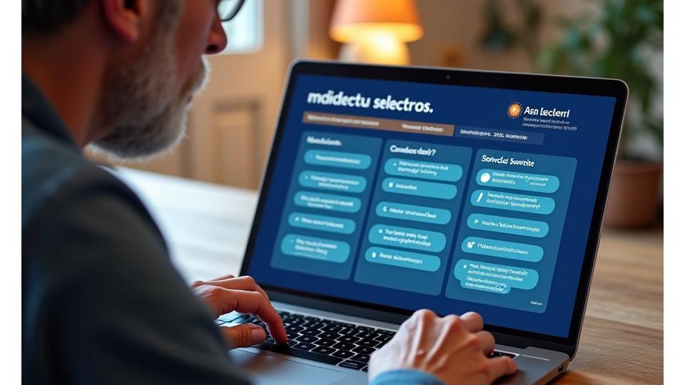 Una persona adulta completando un cuestionario interactivo en una tablet o laptop, con elementos visuales que sugieren un viaje personalizado y resultados optimizados para su bienestar digital.