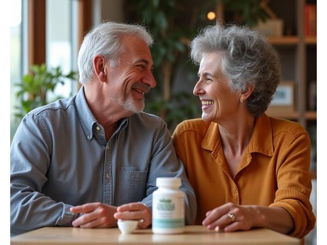 Dos personas mayores de 35 sonriendo y mostrando un wearable a la cámara, con un fondo limpio y moderno, representando testimonios auténticos.