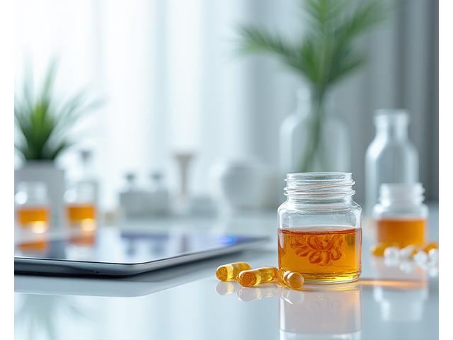 Cápsulas y frascos de suplementos dispuestos ordenadamente, con una tablet mostrando análisis de datos nutricionales de fondo, sugiriendo personalización.