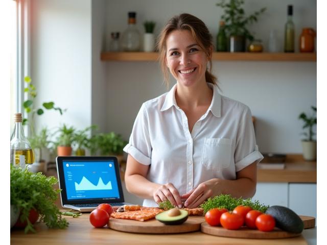Mujer adulta sonriente preparando una comida saludable en una cocina moderna, con ingredientes frescos y una pantalla mostrando un plan nutricional personalizado.