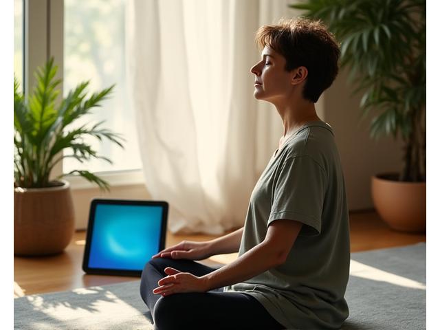 Profesional adulto realizando un ejercicio de respiración consciente en un entorno sereno, con una tableta mostrando una app de mindfulness y rodeado de elementos naturales.